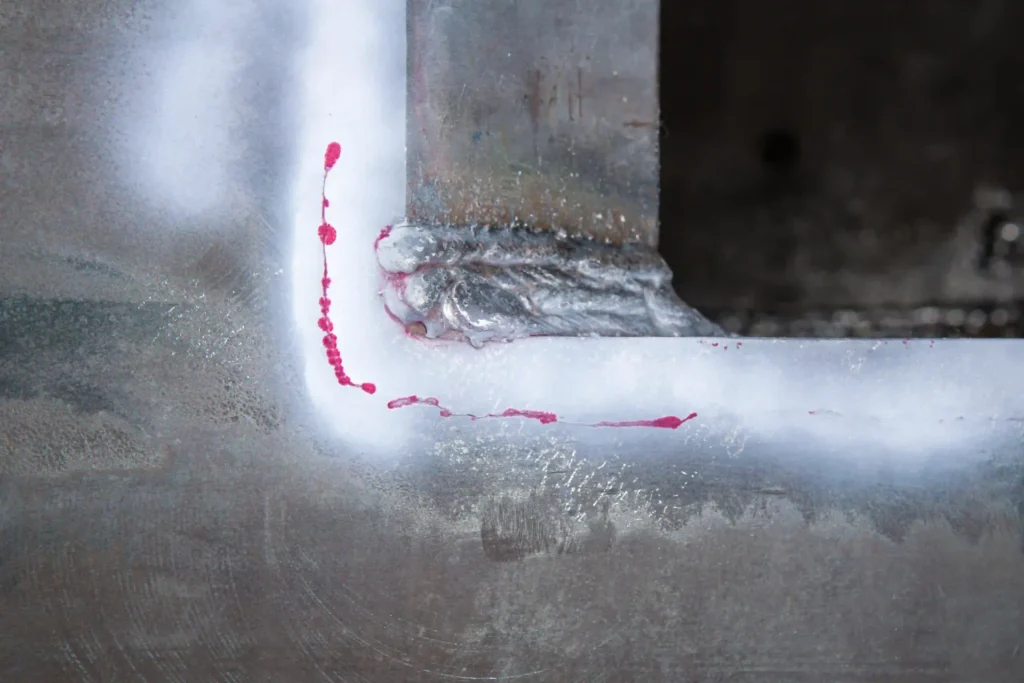 Mecasoft-1398562713 Contrôle non destructif par ressuage coloré sur cordon de soudure d’angle pour détecter d’éventuelles fissures dans la pièce métallique.