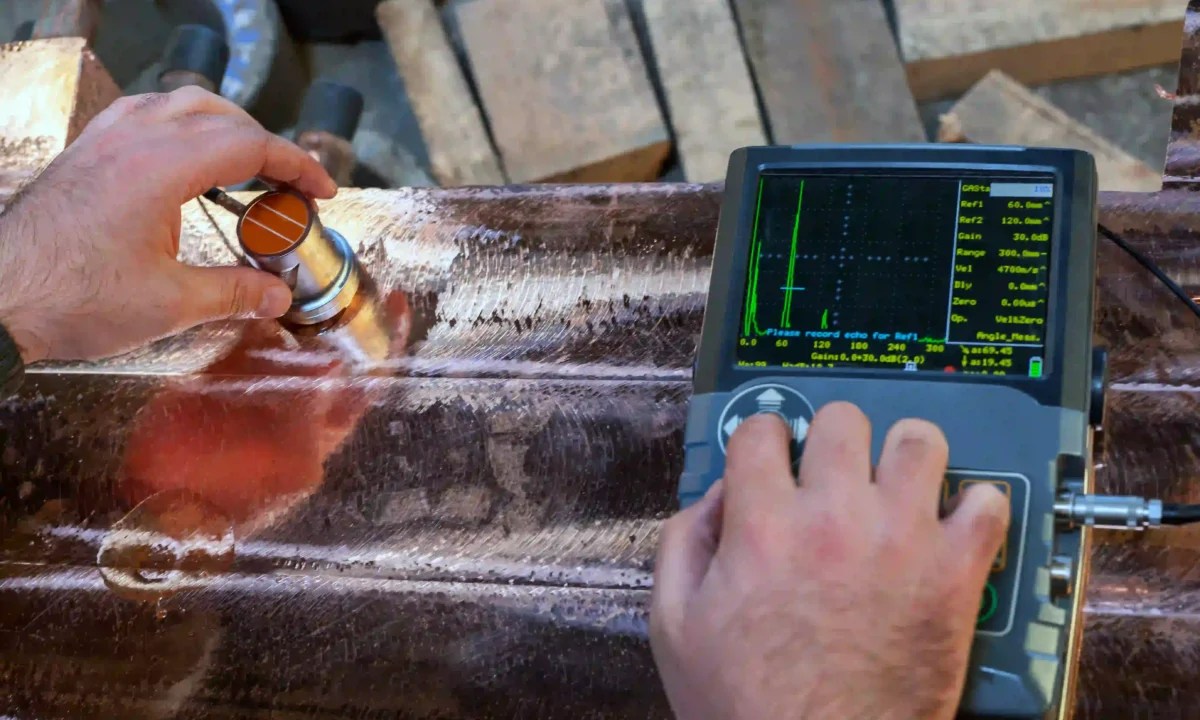 Contrôle non destructif par ultrasons d’une pièce métallique, avec sonde et appareil de mesure portatif pour vérifier la qualité interne du matériau.
