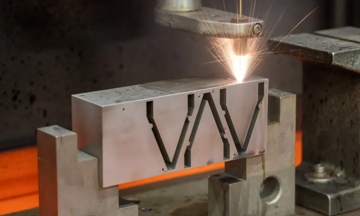 Mecasoft – (78) Opération d’électroérosion à fil usinant un bloc métallique, avec gerbe d’étincelles.