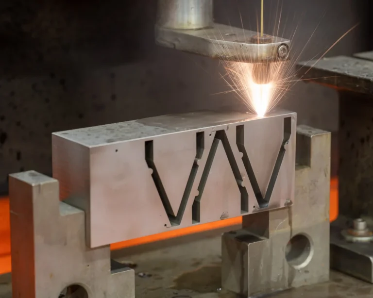 Opération d’électroérosion à fil usinant un bloc métallique, avec gerbe d’étincelles.